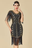 Load image into Gallery viewer, Black Sparkly Fringed Sequin Bodycon 1920s Dress