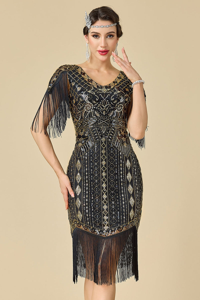 Load image into Gallery viewer, Black Sparkly Fringed Sequin Bodycon 1920s Dress