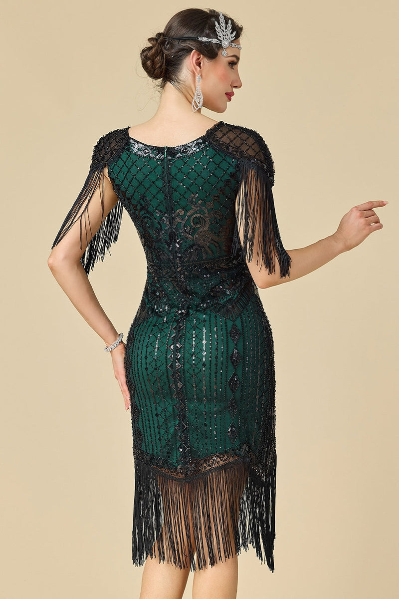 Load image into Gallery viewer, Black Sparkly Fringed Sequin Bodycon 1920s Dress