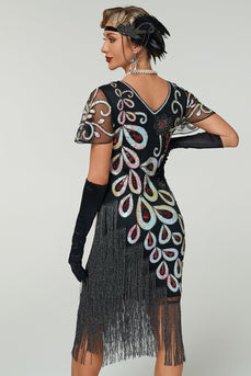 Black Sparkly V Neck Bodycon Fringed Sequin 1920s Dress
