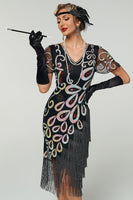 Load image into Gallery viewer, Black Sparkly V Neck Bodycon Fringed Sequin 1920s Dress