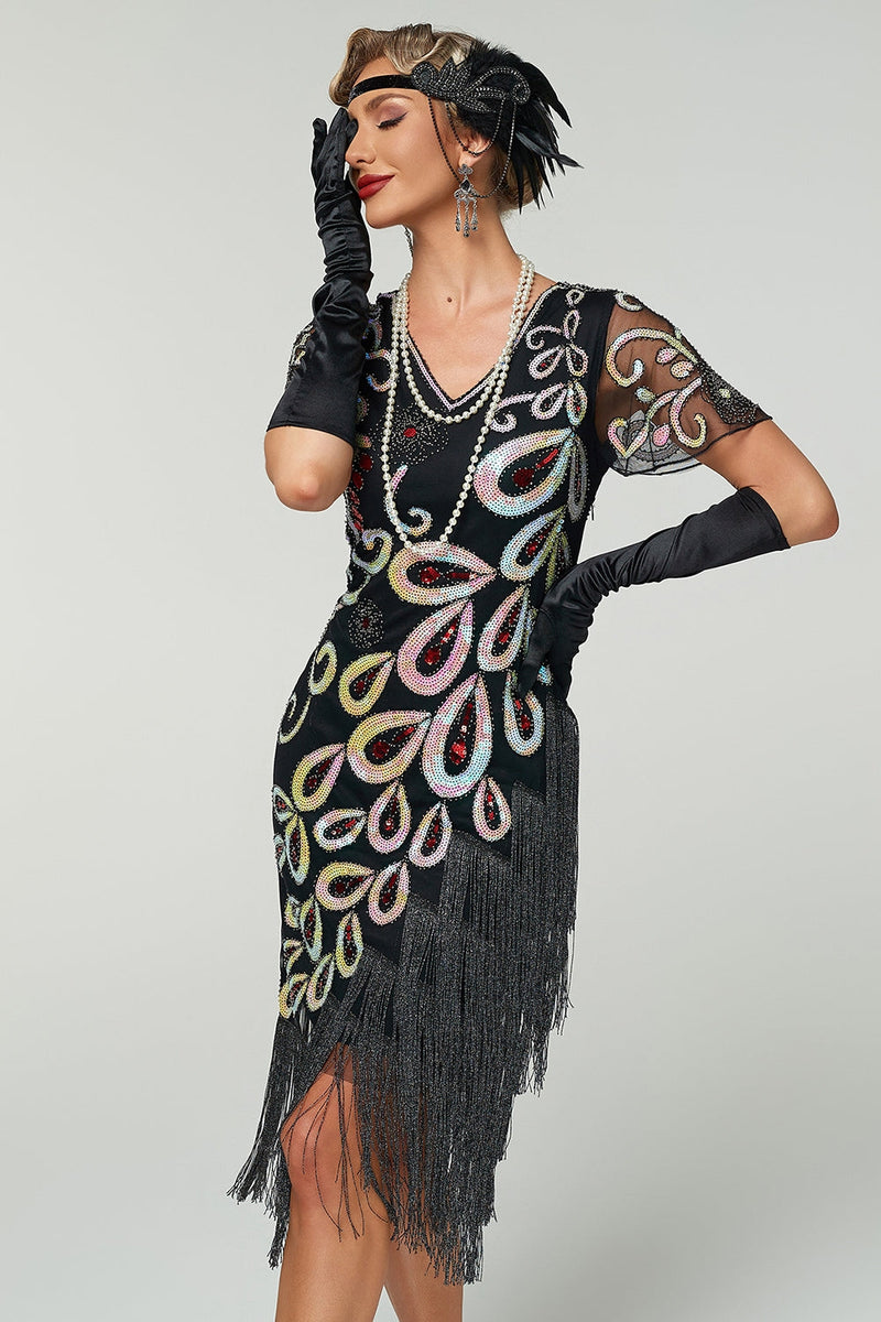 Load image into Gallery viewer, Black Sparkly V Neck Bodycon Fringed Sequin 1920s Dress