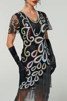 Load image into Gallery viewer, Black Sparkly V Neck Bodycon Fringed Sequin 1920s Dress