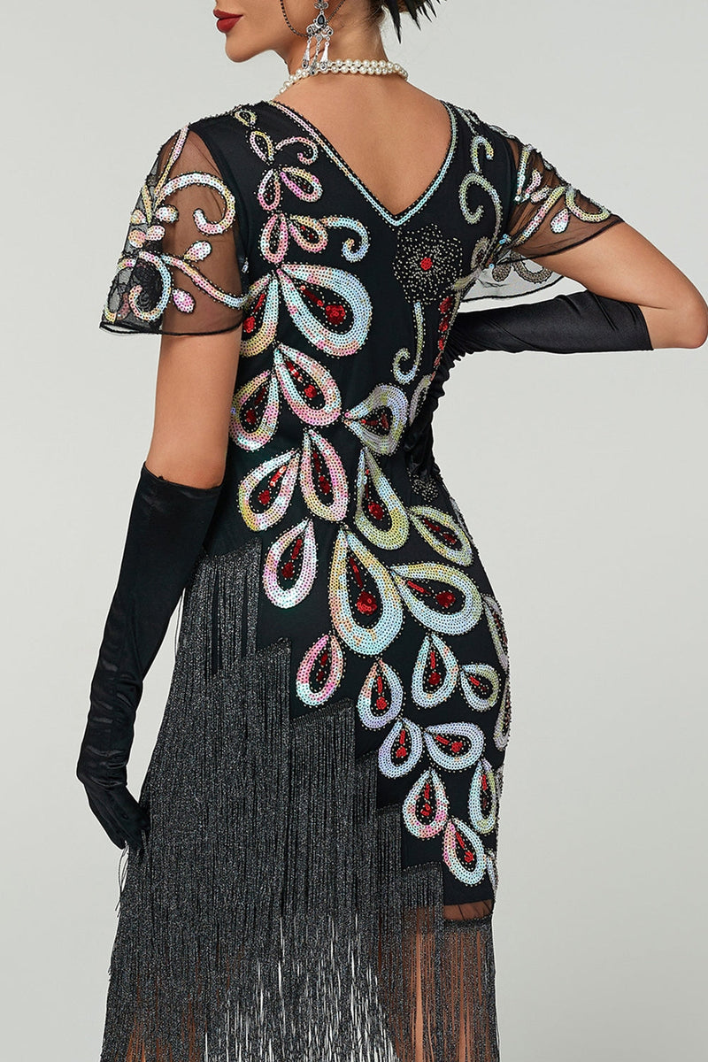 Load image into Gallery viewer, Black Sparkly V Neck Bodycon Fringed Sequin 1920s Dress