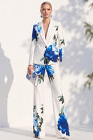 Load image into Gallery viewer, White Blue Flower 2 Piece One Button Peak Lapel Prom Suits