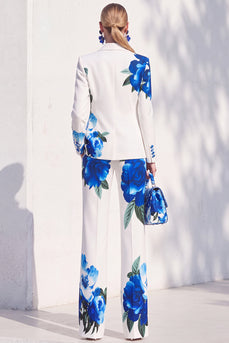 White Blue Flower 2 Piece One Button Peak Lapel Prom Suits