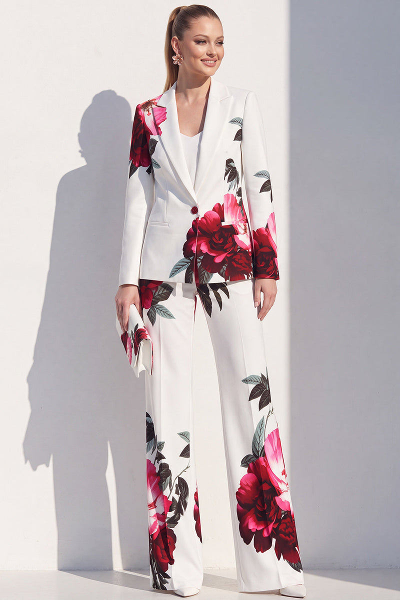 Load image into Gallery viewer, White Blue Flower 2 Piece One Button Peak Lapel Prom Suits
