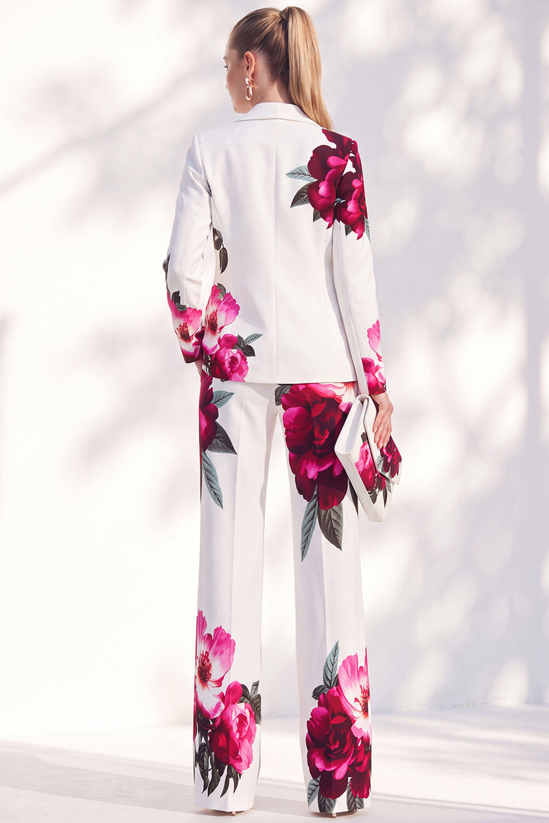 Load image into Gallery viewer, White Blue Flower 2 Piece One Button Peak Lapel Prom Suits