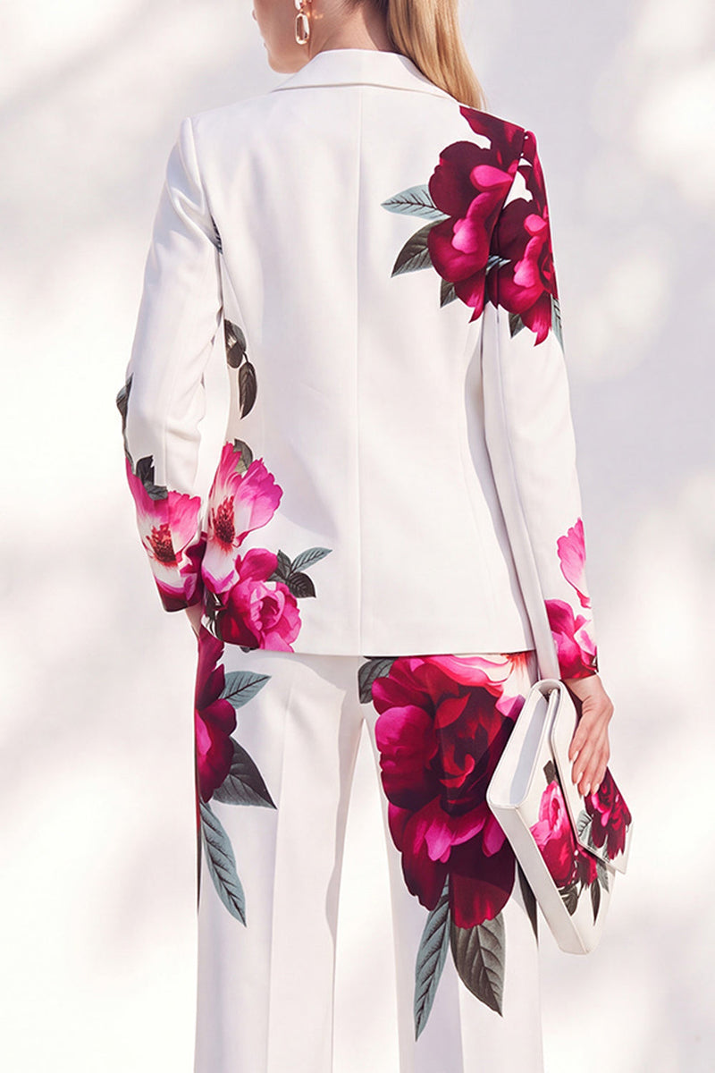 Load image into Gallery viewer, White Blue Flower 2 Piece One Button Peak Lapel Prom Suits