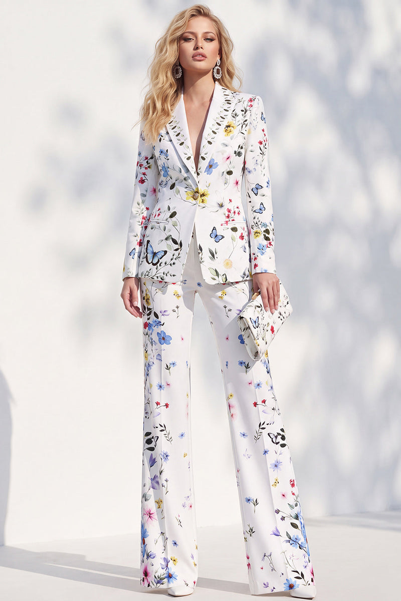 Load image into Gallery viewer, Floral White Peak Lapel 2 Piece One Button Prom Suits