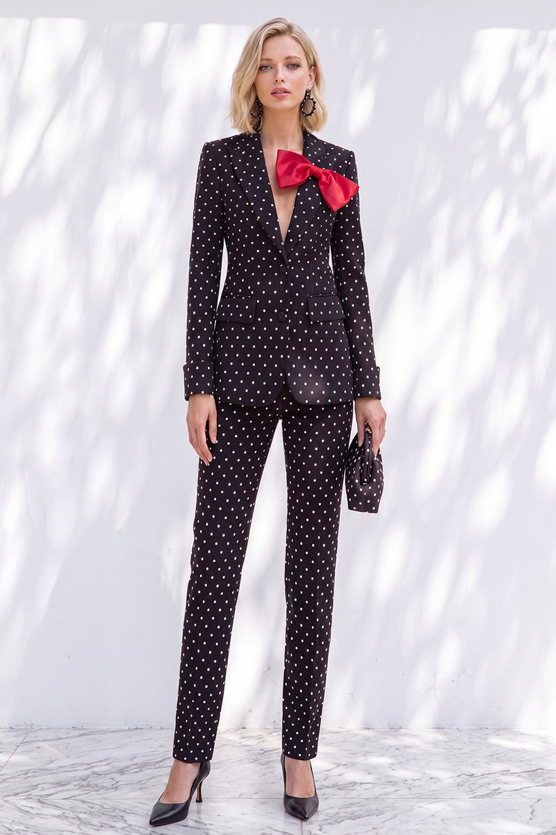 Load image into Gallery viewer, Black Polka Dots Peak Lapel 2 Piece Slim Fit Prom Suits with Bow
