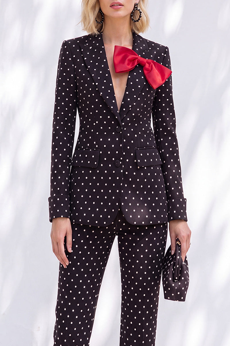 Load image into Gallery viewer, Black Polka Dots Peak Lapel 2 Piece Slim Fit Prom Suits with Bow