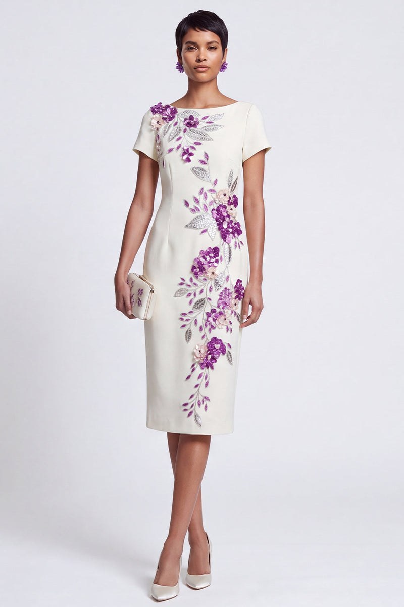 Load image into Gallery viewer, Sparkly White Boat Neck Floral Bodycon Midi Work Dress with Sleeves