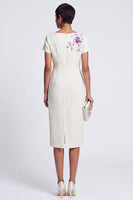 Load image into Gallery viewer, Sparkly White Boat Neck Floral Bodycon Midi Work Dress with Sleeves
