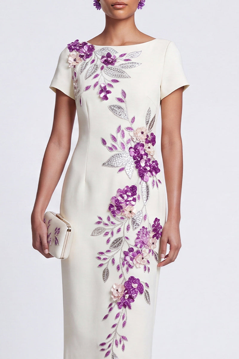 Load image into Gallery viewer, Sparkly White Boat Neck Floral Bodycon Midi Work Dress with Sleeves