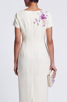 Load image into Gallery viewer, Sparkly White Boat Neck Floral Bodycon Midi Work Dress with Sleeves
