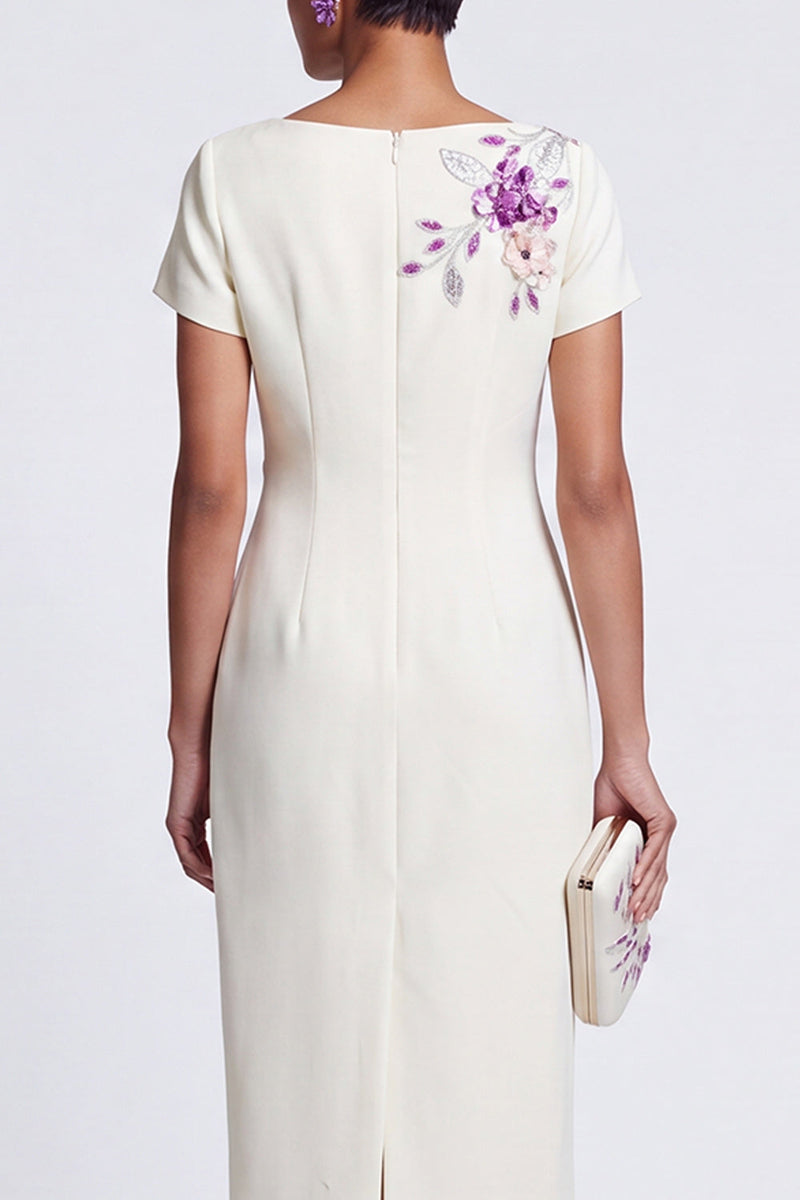 Load image into Gallery viewer, Sparkly White Boat Neck Floral Bodycon Midi Work Dress with Sleeves