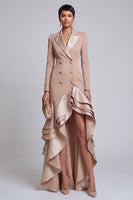 Load image into Gallery viewer, Khaki Peak Lapel Ruffled Double Breasted Tiered High-Low Blazer Dress