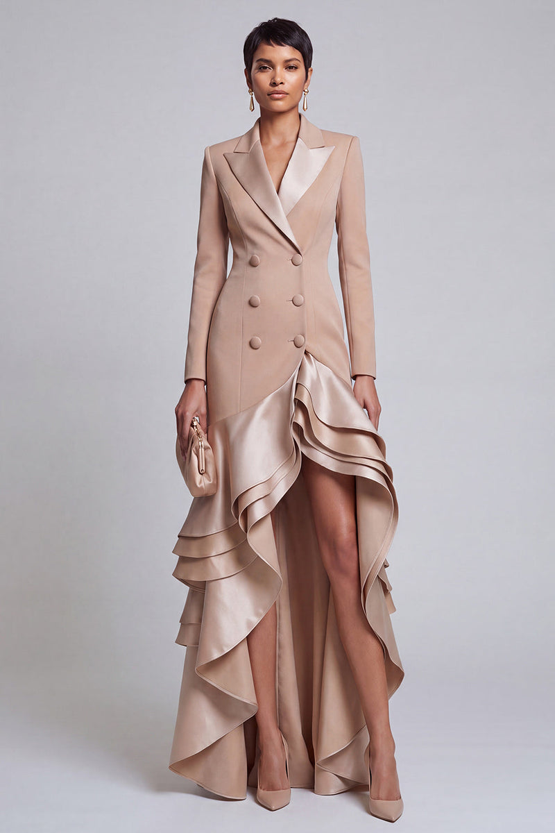 Load image into Gallery viewer, Khaki Peak Lapel Ruffled Double Breasted Tiered High-Low Blazer Dress