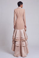 Load image into Gallery viewer, Khaki Peak Lapel Ruffled Double Breasted Tiered High-Low Blazer Dress