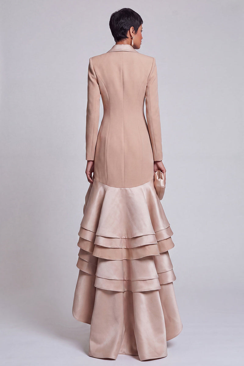 Load image into Gallery viewer, Khaki Peak Lapel Ruffled Double Breasted Tiered High-Low Blazer Dress