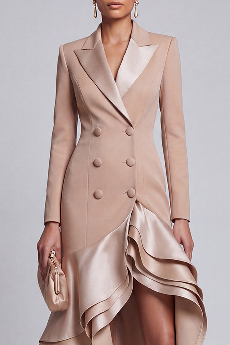 Load image into Gallery viewer, Khaki Peak Lapel Ruffled Double Breasted Tiered High-Low Blazer Dress