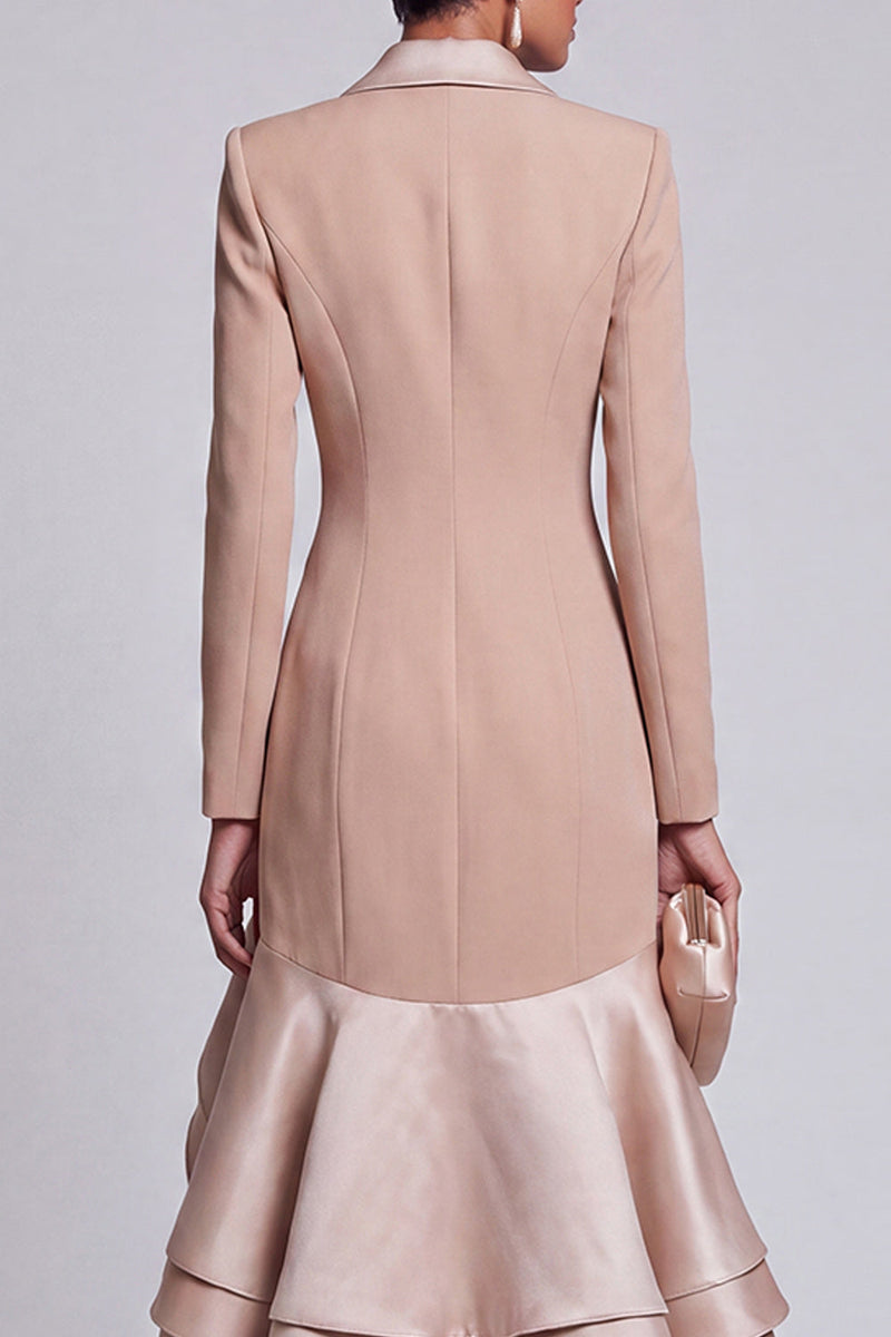Load image into Gallery viewer, Khaki Peak Lapel Ruffled Double Breasted Tiered High-Low Blazer Dress