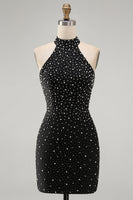 Load image into Gallery viewer, Sparkly Black Beaded Tight Halter Short Cocktail Dress