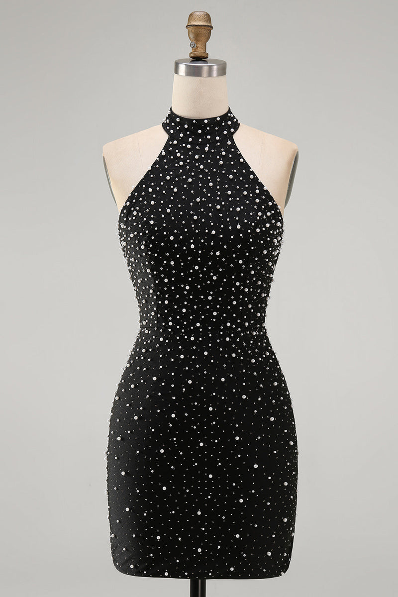 Load image into Gallery viewer, Sparkly Black Beaded Tight Halter Short Cocktail Dress