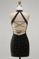 Load image into Gallery viewer, Sparkly Black Beaded Tight Halter Short Cocktail Dress