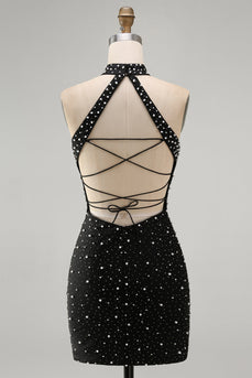 Sparkly Black Beaded Tight Halter Short Cocktail Dress