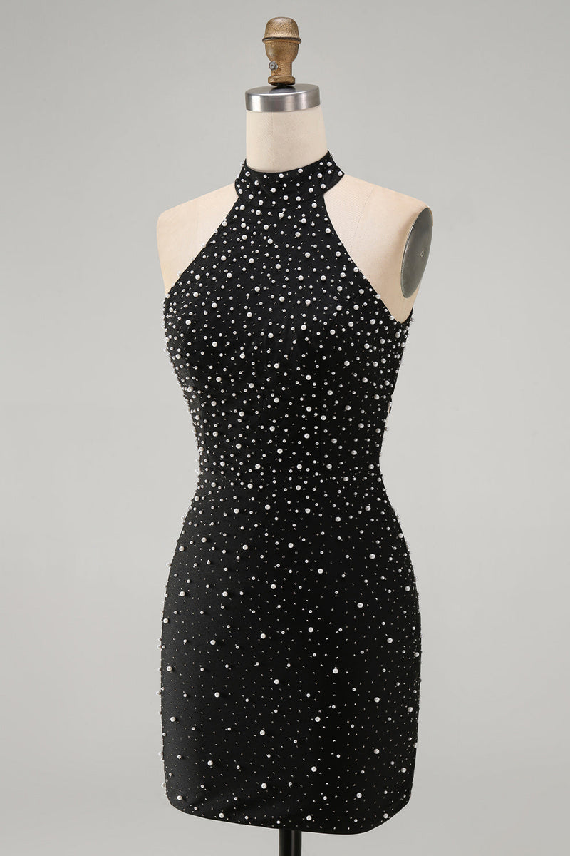 Load image into Gallery viewer, Sparkly Black Beaded Tight Halter Short Cocktail Dress