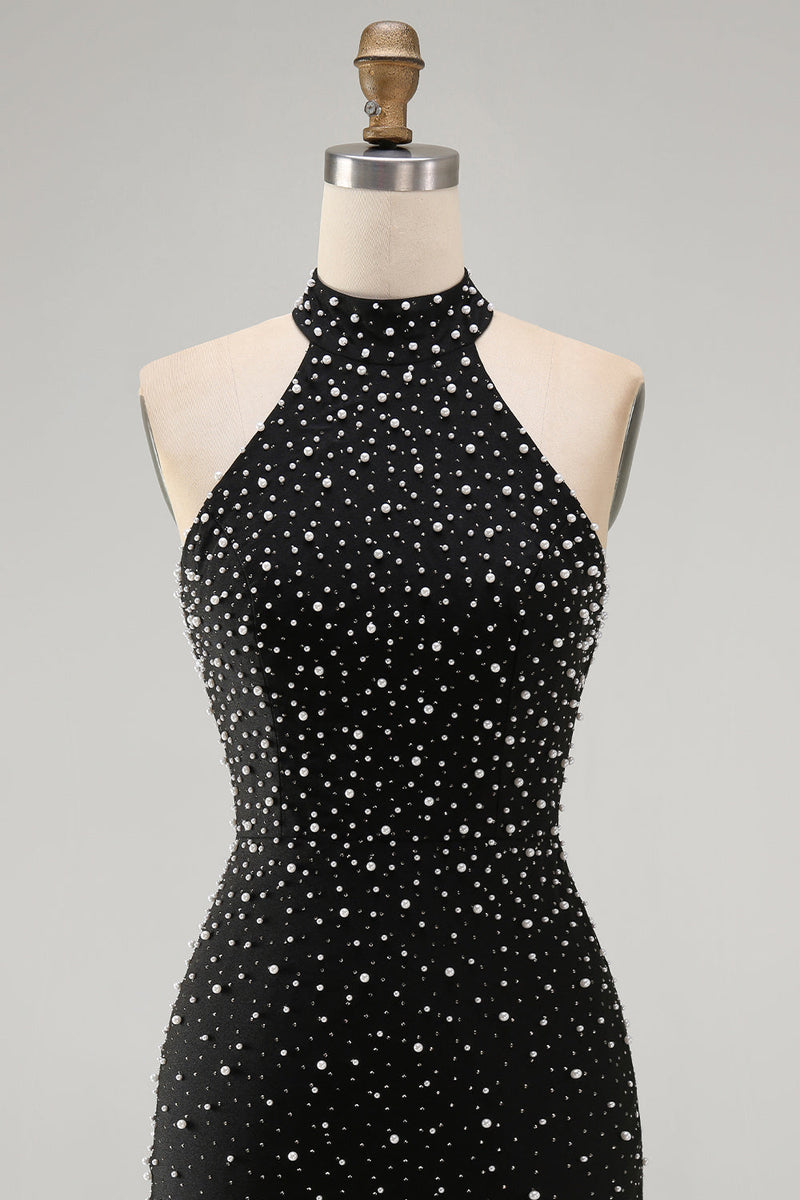 Load image into Gallery viewer, Sparkly Black Beaded Tight Halter Short Cocktail Dress