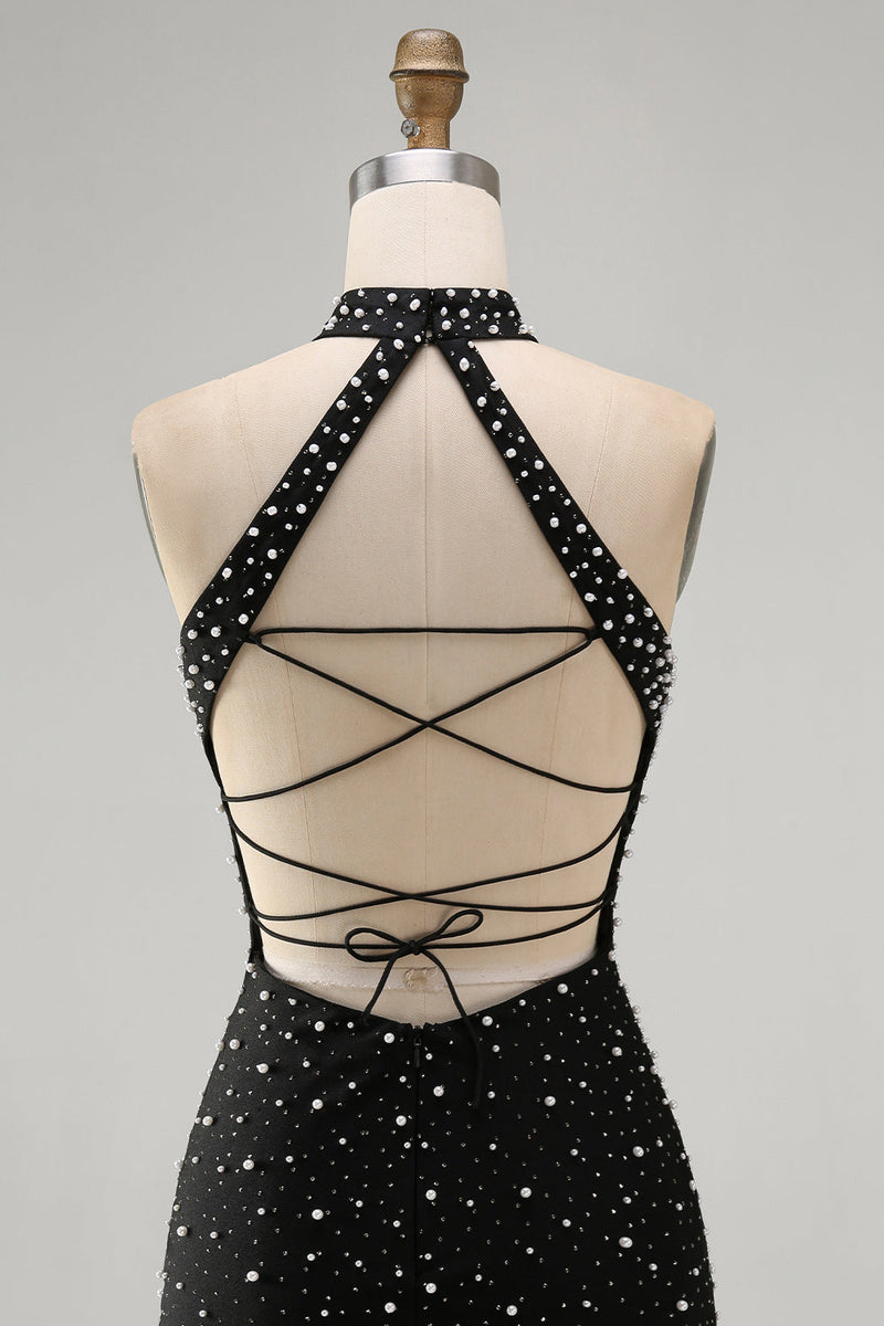 Load image into Gallery viewer, Sparkly Black Beaded Tight Halter Short Cocktail Dress