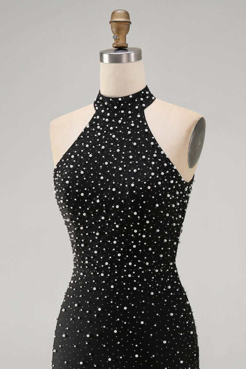 Load image into Gallery viewer, Sparkly Black Beaded Tight Halter Short Cocktail Dress