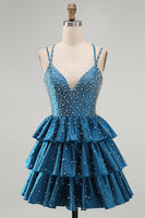 Load image into Gallery viewer, Sparkly Dark Blue Beaded A-Line V-Neck Ruffled Short Cocktail Dress