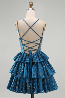 Sparkly Dark Blue Beaded A-Line V-Neck Ruffled Short Cocktail Dress