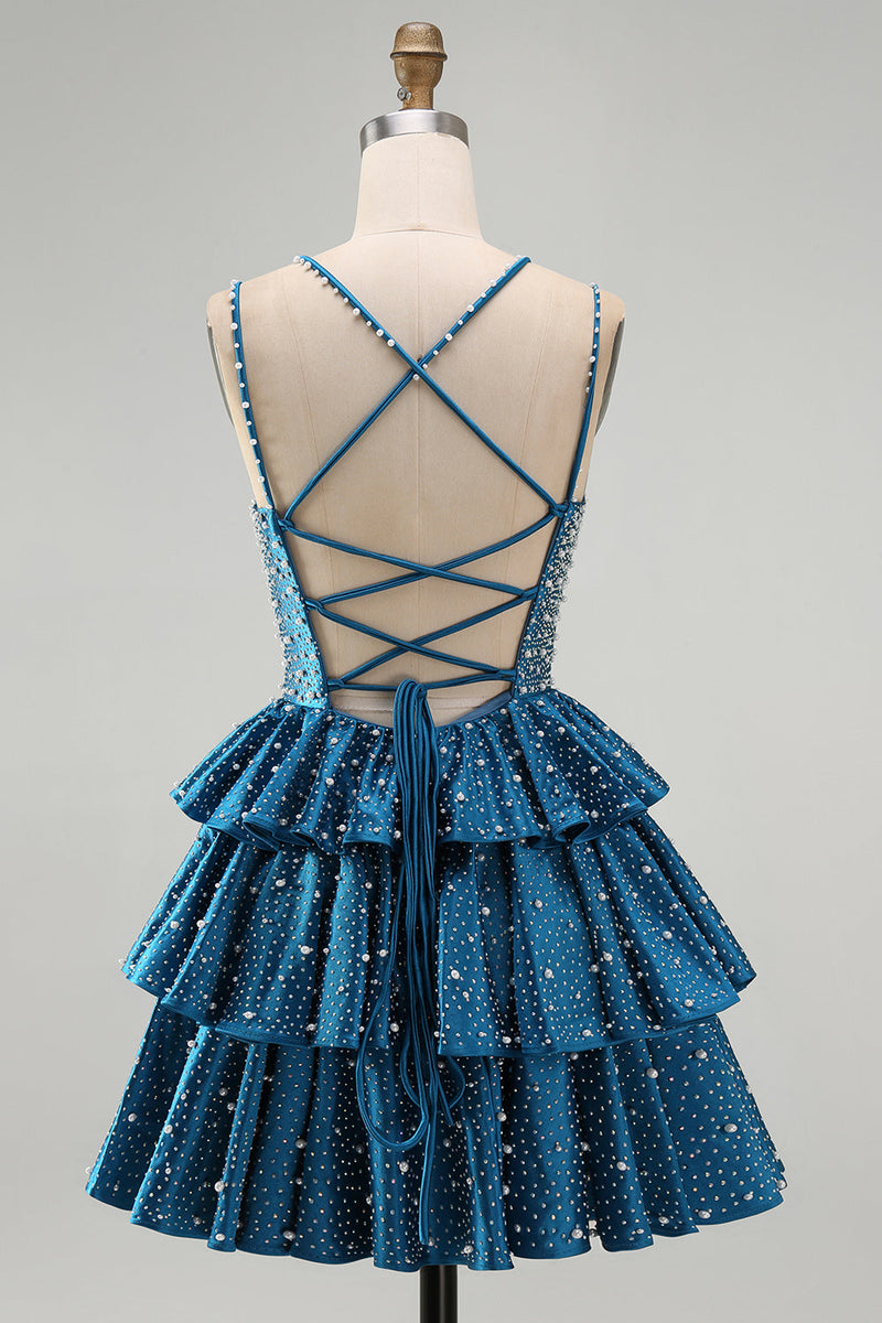 Load image into Gallery viewer, Sparkly Dark Blue Beaded A-Line V-Neck Ruffled Short Cocktail Dress
