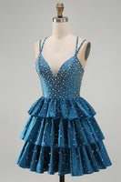 Load image into Gallery viewer, Sparkly Dark Blue Beaded A-Line V-Neck Ruffled Short Cocktail Dress