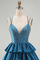 Load image into Gallery viewer, Sparkly Dark Blue Beaded A-Line V-Neck Ruffled Short Cocktail Dress