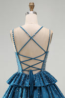 Load image into Gallery viewer, Sparkly Dark Blue Beaded A-Line V-Neck Ruffled Short Cocktail Dress