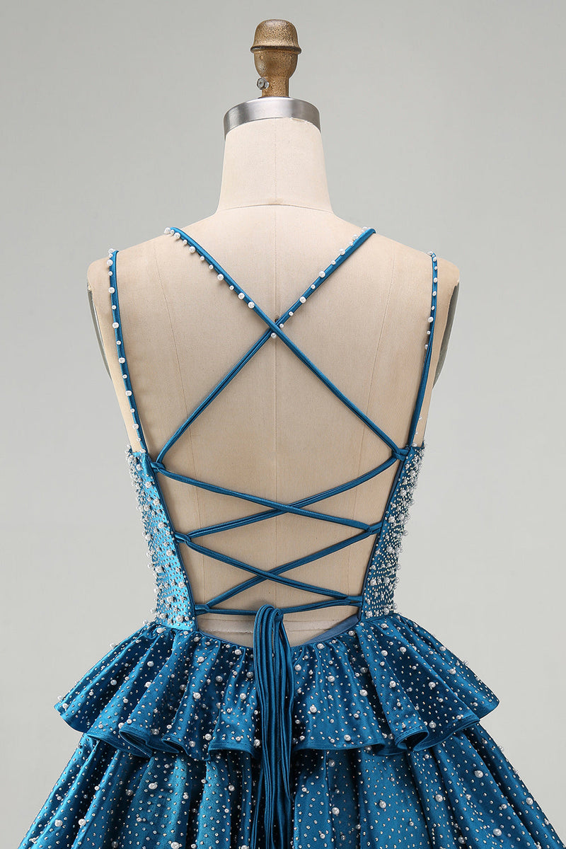 Load image into Gallery viewer, Sparkly Dark Blue Beaded A-Line V-Neck Ruffled Short Cocktail Dress