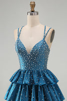 Load image into Gallery viewer, Sparkly Dark Blue Beaded A-Line V-Neck Ruffled Short Cocktail Dress
