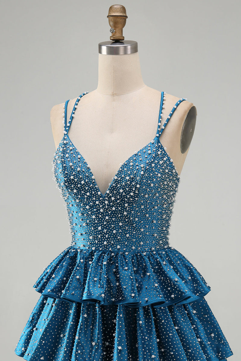 Load image into Gallery viewer, Sparkly Dark Blue Beaded A-Line V-Neck Ruffled Short Cocktail Dress