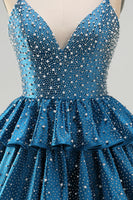 Load image into Gallery viewer, Sparkly Dark Blue Beaded A-Line V-Neck Ruffled Short Cocktail Dress
