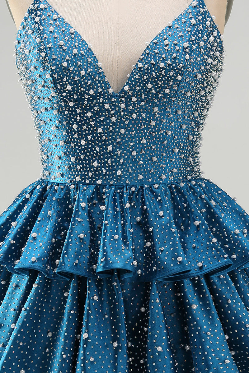 Load image into Gallery viewer, Sparkly Dark Blue Beaded A-Line V-Neck Ruffled Short Cocktail Dress