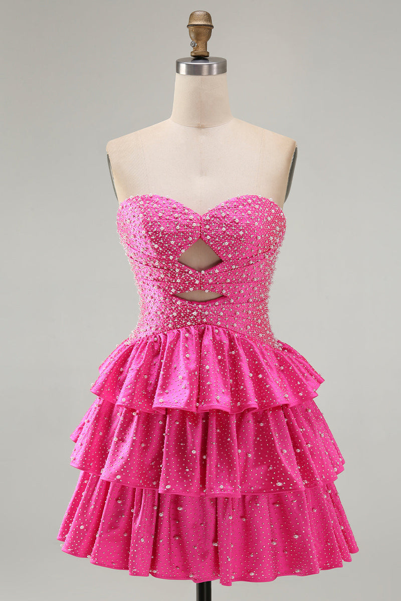 Load image into Gallery viewer, Spakly Fuchsia Beaded Sweetheart Tiered Short Cocktail  Dress with Keyhole