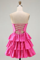 Load image into Gallery viewer, Spakly Fuchsia Beaded Sweetheart Tiered Short Cocktail  Dress with Keyhole