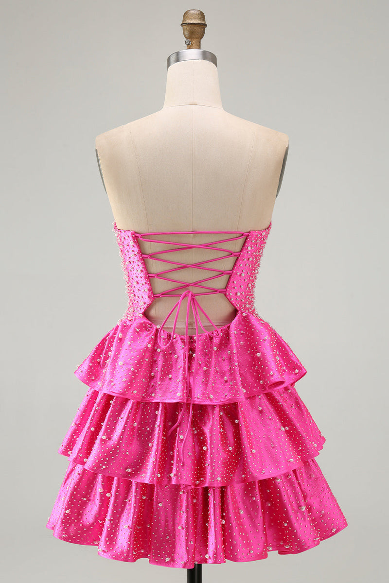 Load image into Gallery viewer, Spakly Fuchsia Beaded Sweetheart Tiered Short Cocktail  Dress with Keyhole