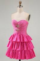 Load image into Gallery viewer, Spakly Fuchsia Beaded Sweetheart Tiered Short Cocktail  Dress with Keyhole